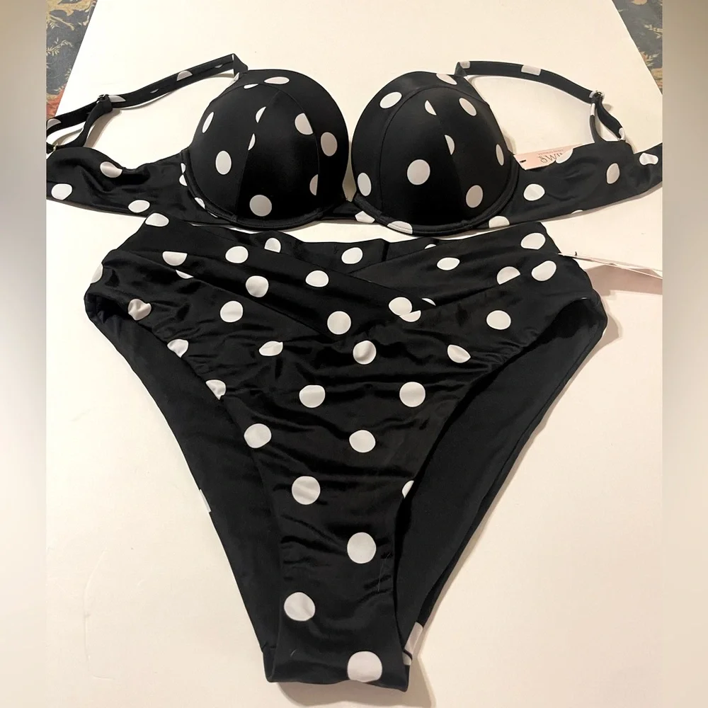 NWT Victoria's Secret Black White Polka Dot Two Piece Bathing Suit LG Bottom 38B - Picture 2 of 9